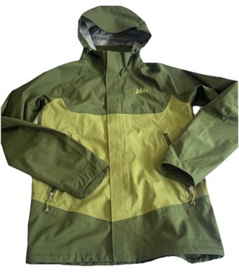 REI Co-Op E1 Elements Men’s Medium Green Hooded Rain Jacket Waterproof Full Zip